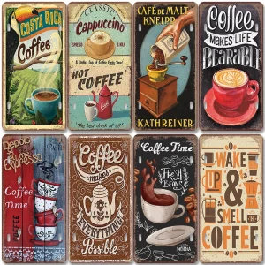 Coffee License Plate Vintage Metal Tin Signs Retro Coffee Time Metal Plaques for Cafe Kitchen Living Room Home Wall Art Decor